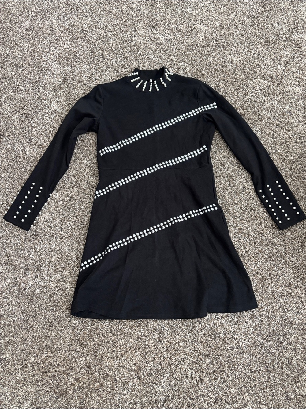 Black Long-Sleeve Studded A-Line Mini Dress